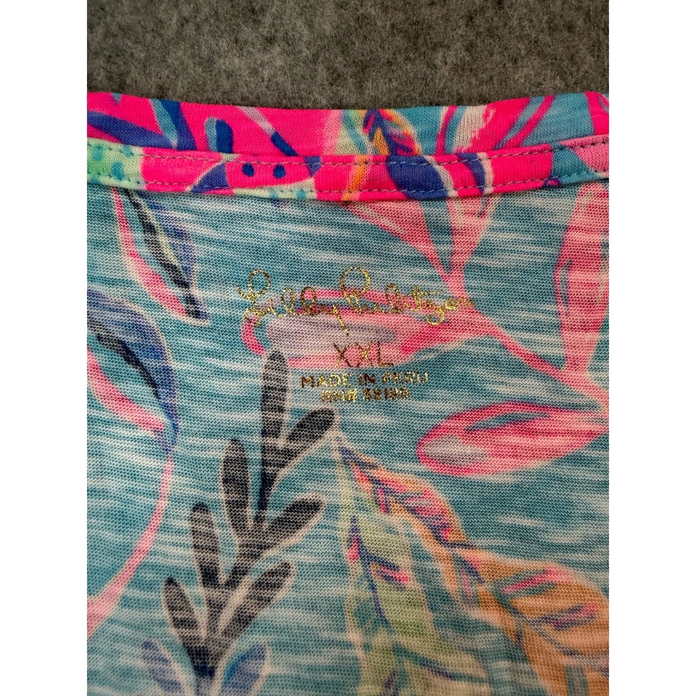 Lilly Pulitzer Etta V-Neck T-Shirt XXL Blue Pink Tropical Floral Slub Jersey Top - Picture 2 of 5